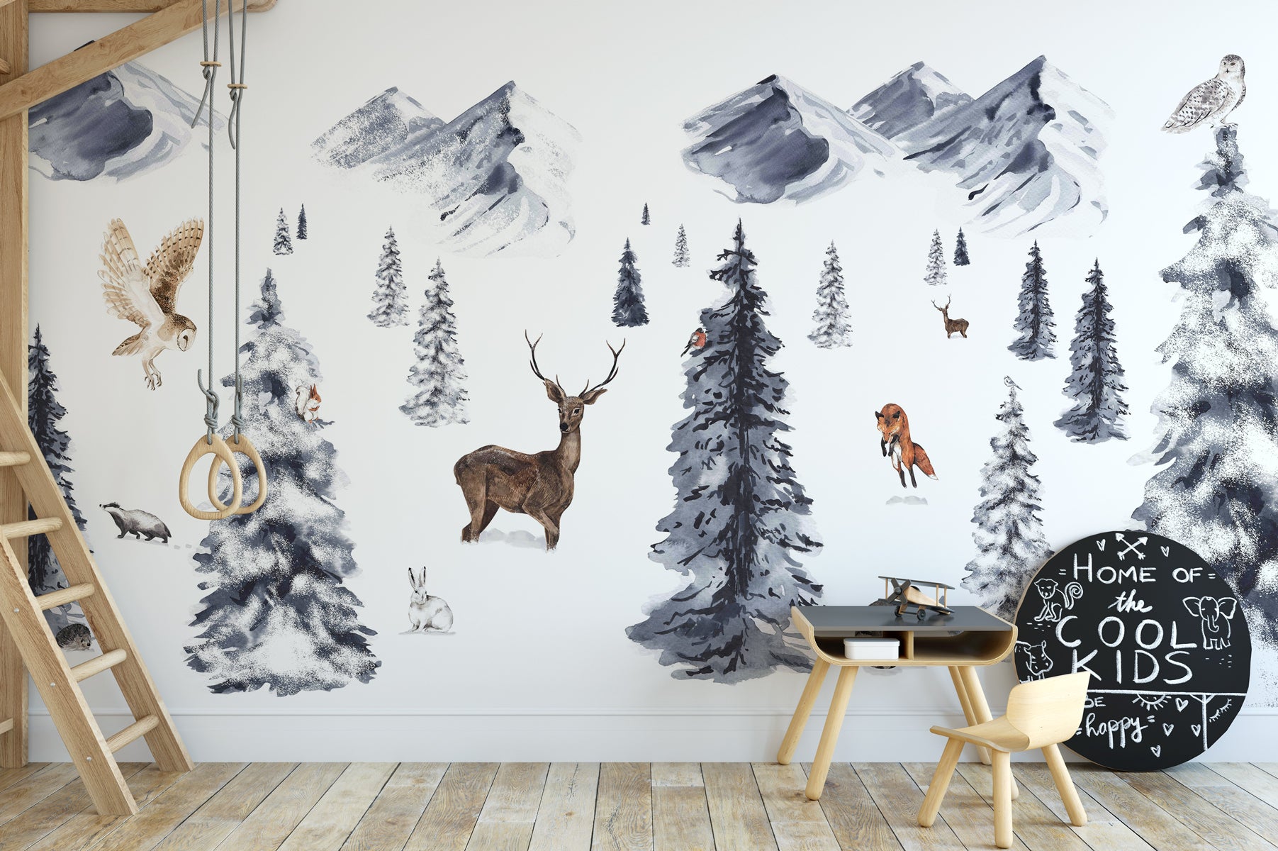 Papier peint enfant animaux dans la neige, mural concept, tendance