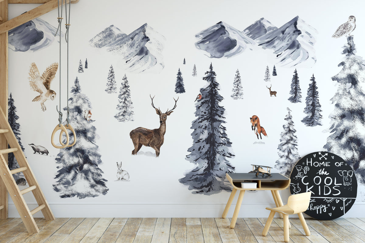 Papel pintado infantil animales en la nieve 