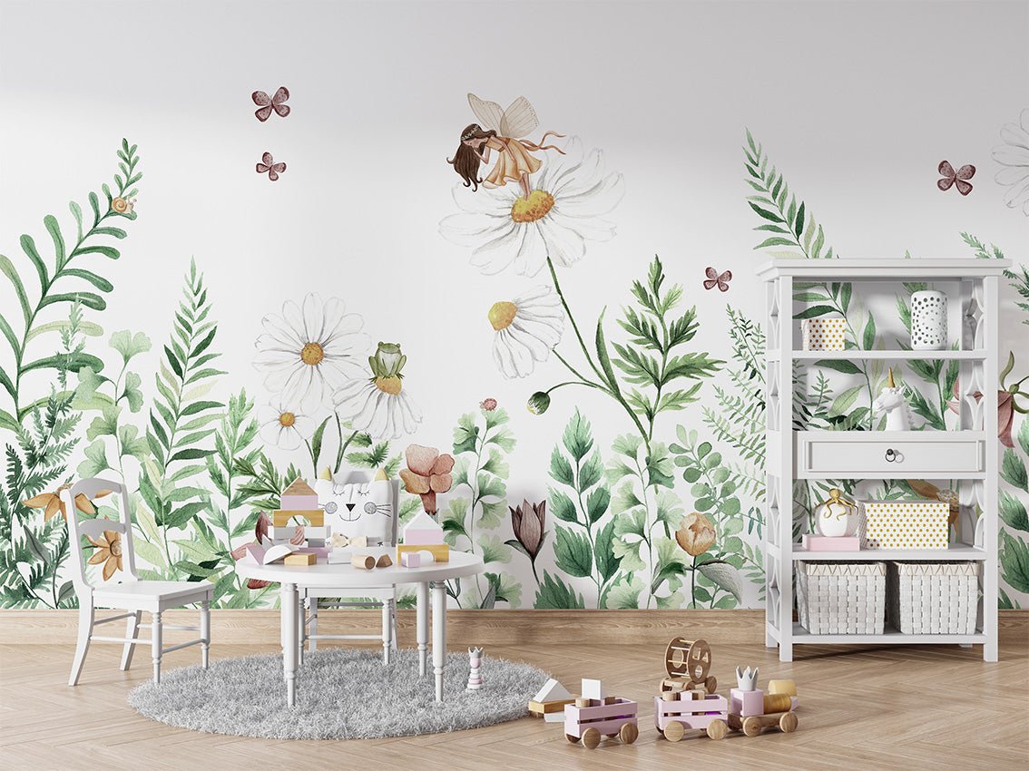 Papel pintado infantil con hadas florales 