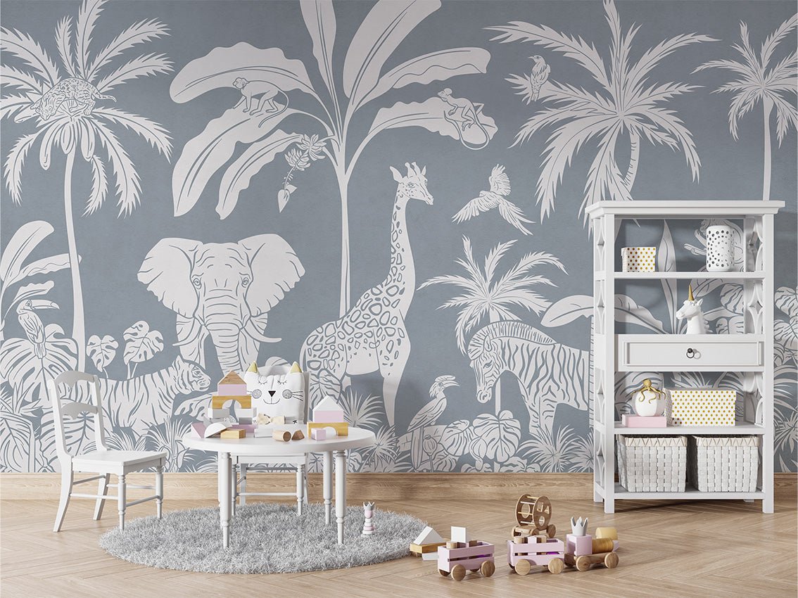 Papier peint enfant safari monochrome bleu, XXL, tendance