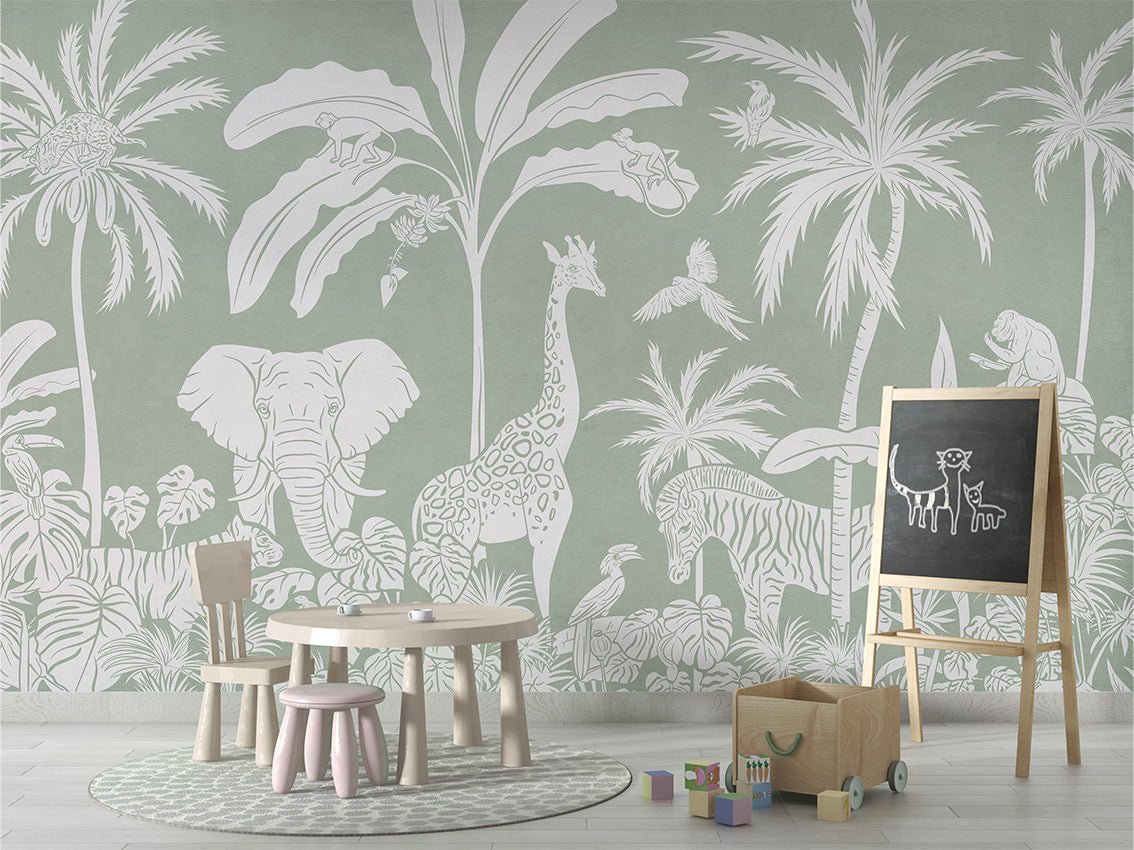 Papel pintado infantil de safari monocromático verde