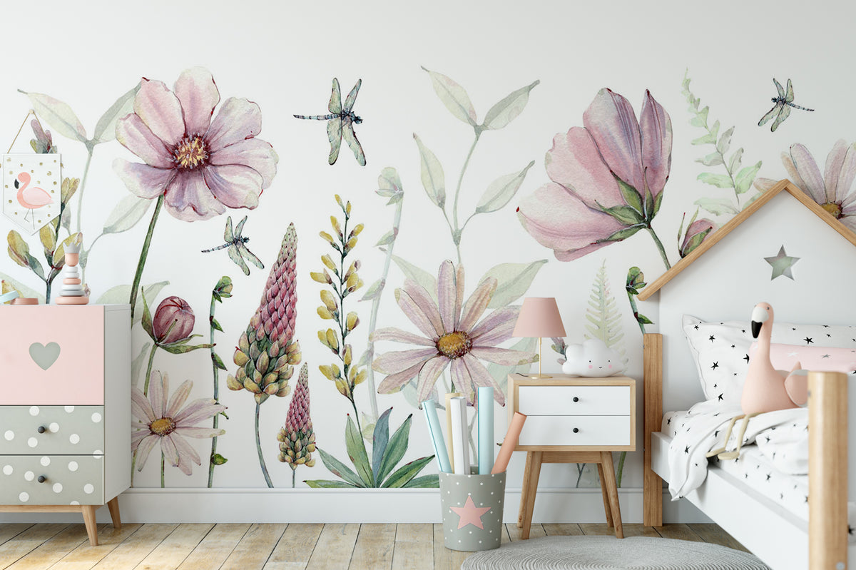 Papel pintado de Flores y libélulas