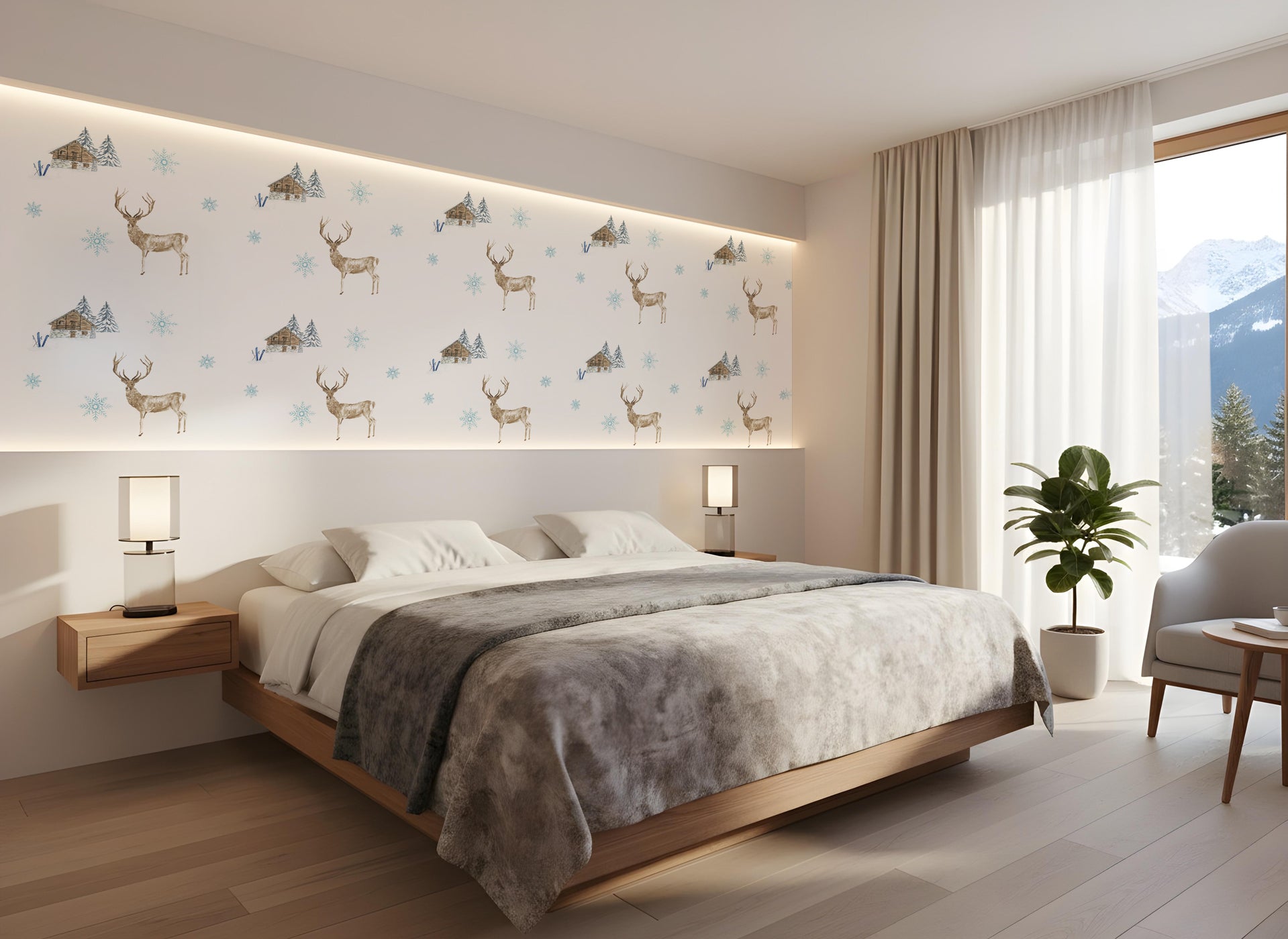 Papier peint motif montagne – Cerfs, chalets et flocons