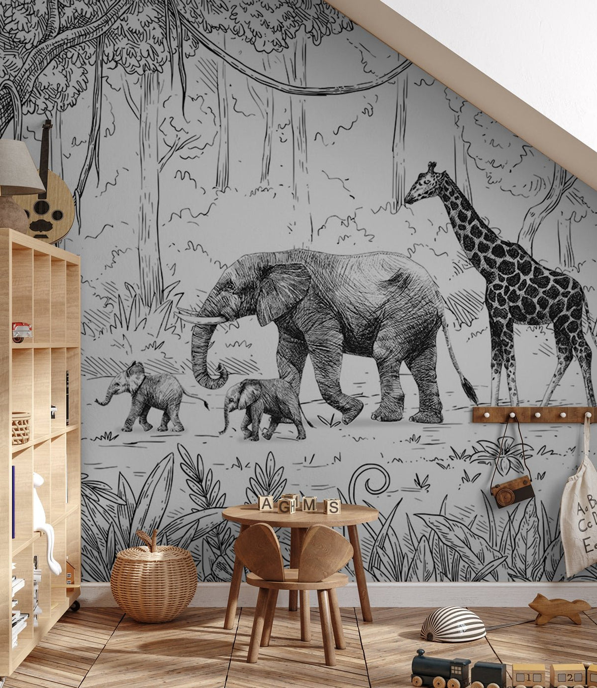 Papel pintado infantil de jungla monocromática en blanco y negro 