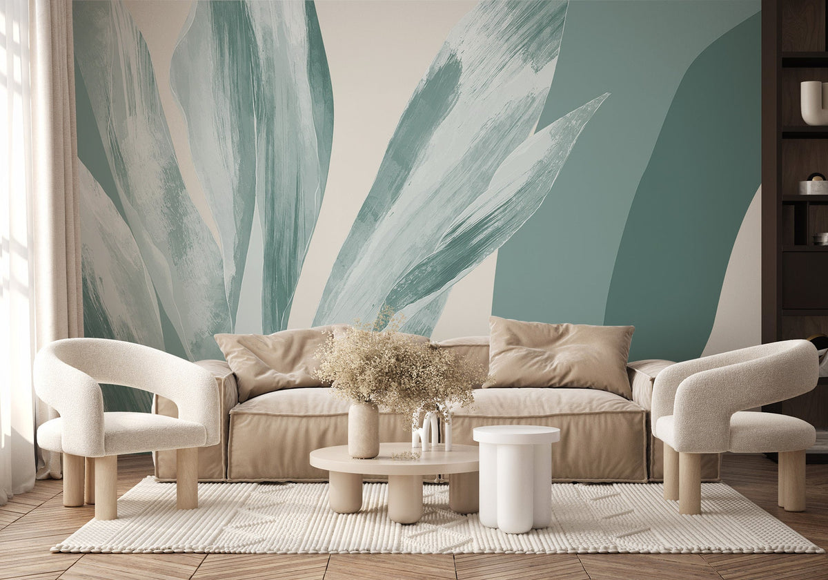 Papel pintado panorámico con motivos florales en verde agua