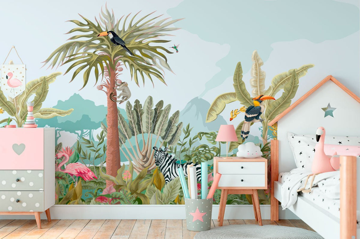 Papel pintado infantil panorámico de la selva
