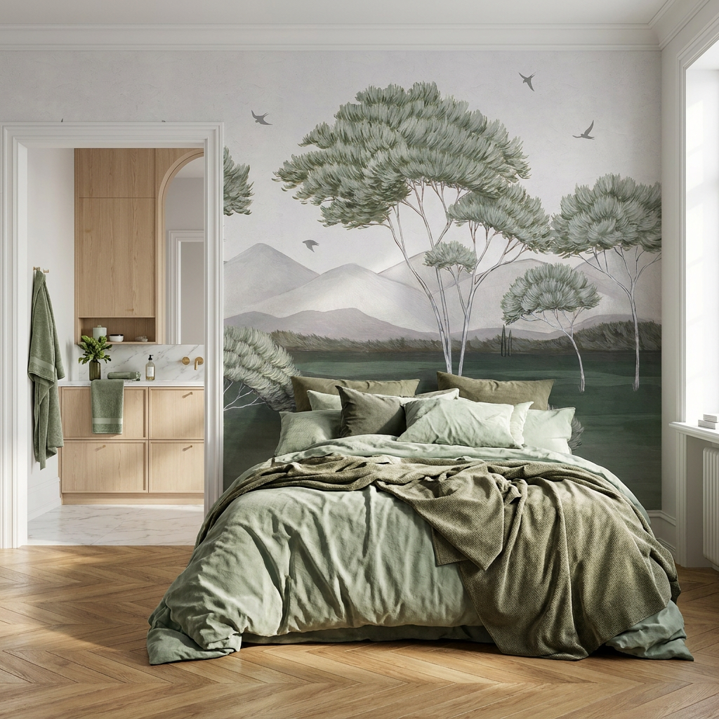 Papel pintado panorámico - Los pinos de Provenza, verde