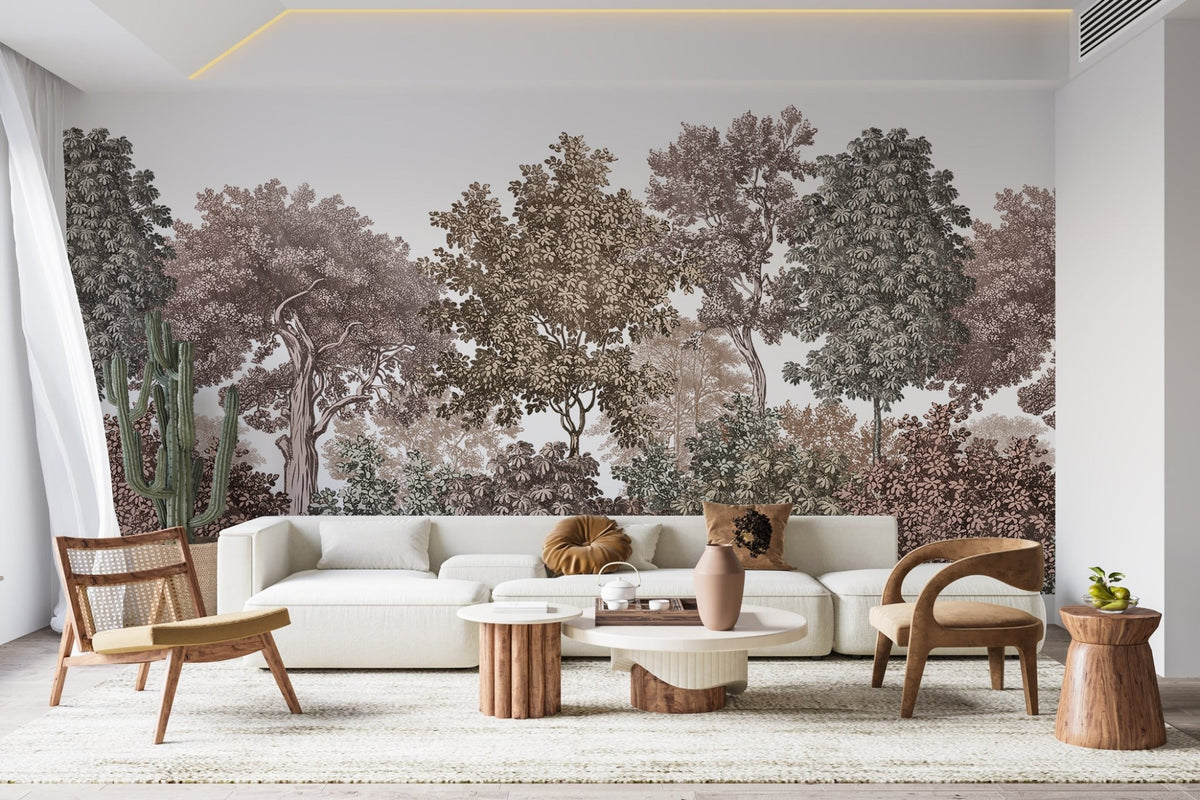 Papel pintado Paisaje bosque grabado rosa