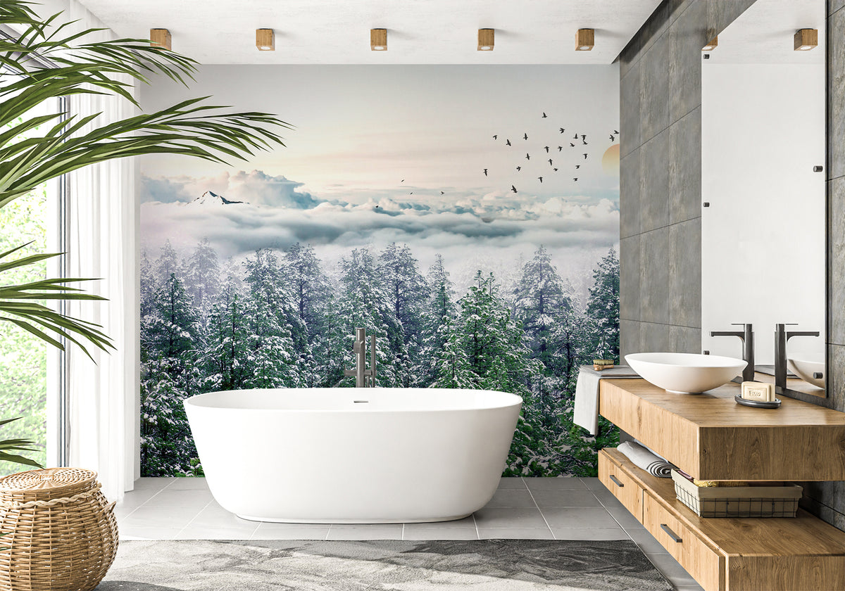 Papel pintado Baño bosque de abetos nevados