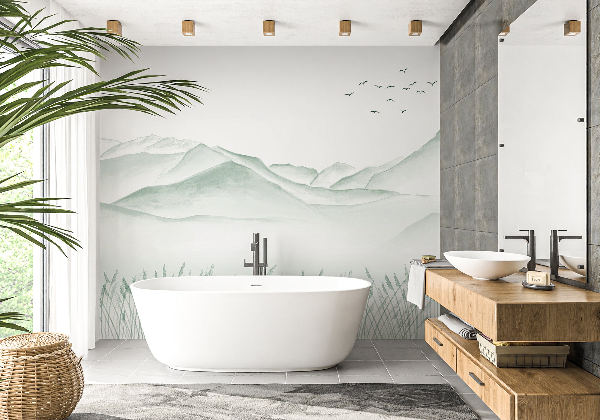 Papier peint salle de bain artistique Annecy entre lac montagne vert, mural concept, tendance