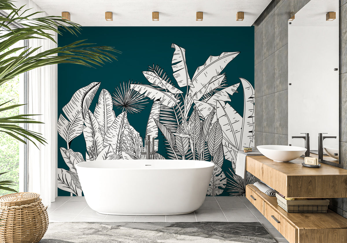 Papel pintado panorámico de baño verde hoja botánica