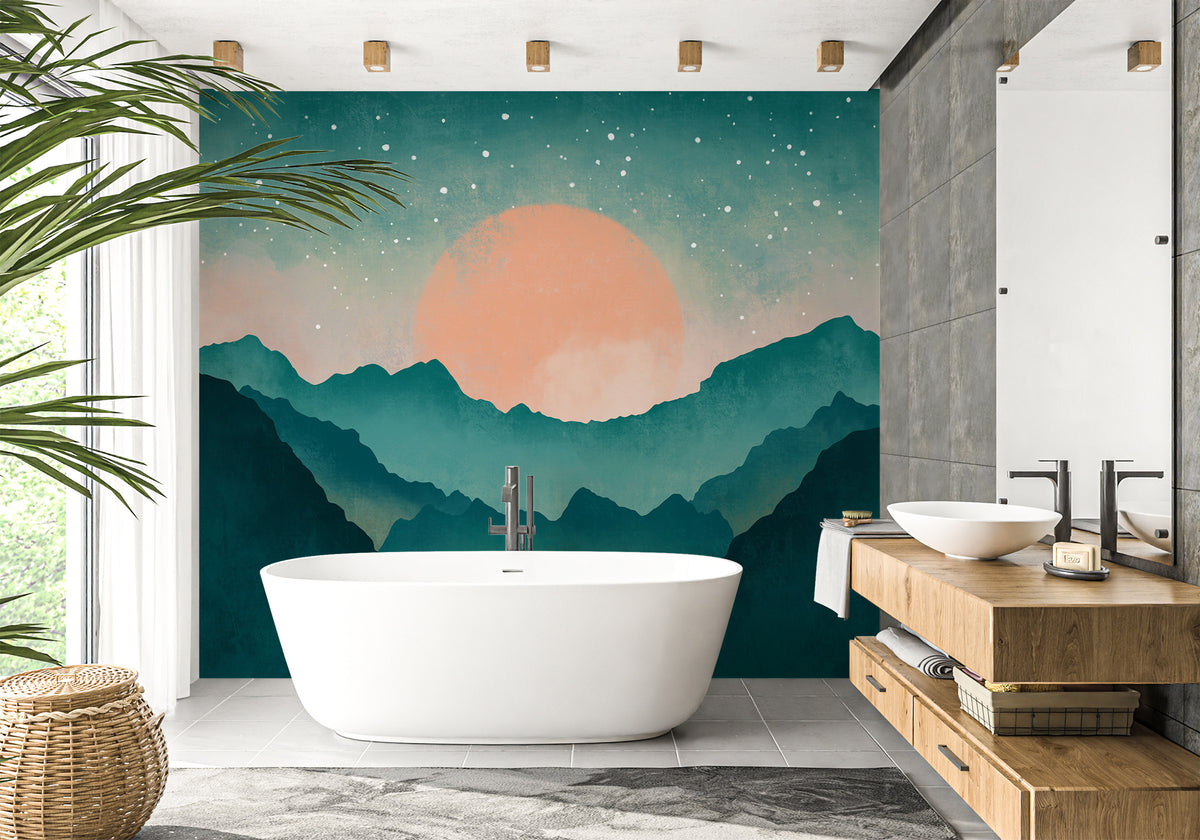 Papel pintado para baño con montaña con niebla turquesa