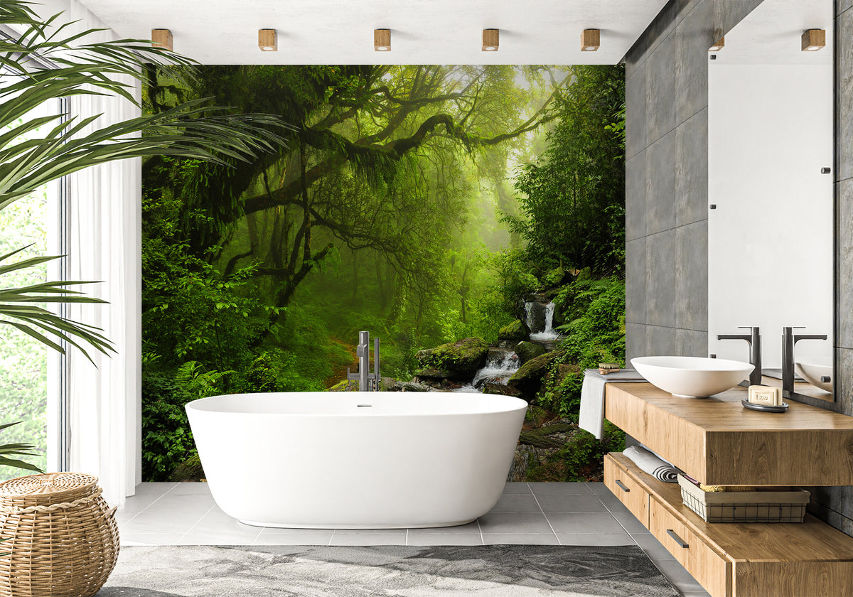 Papel pintado para baño con cascada y bosque