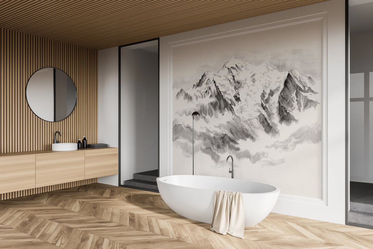 Papel pintado panorámico del Mont Blanc con tinta china: frescos envueltos en niebla
