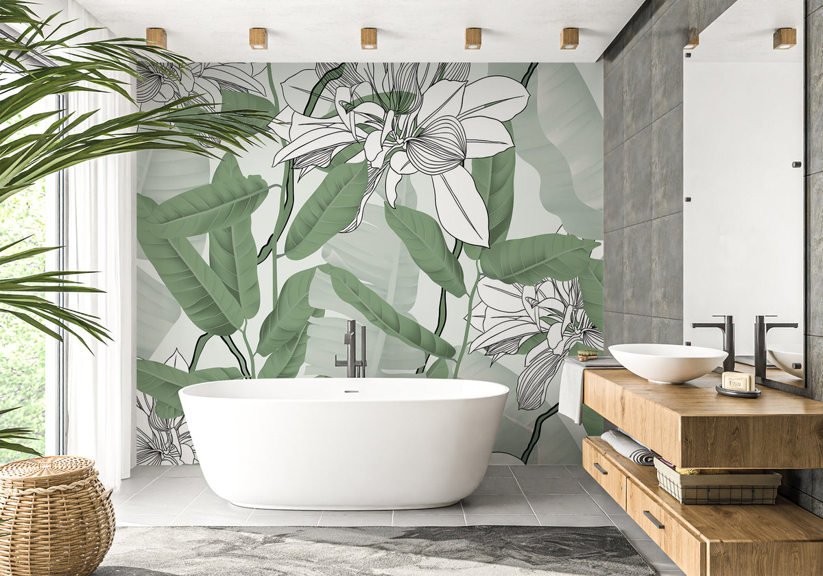 Papel pintado para baño con motivos de hojas, naturaleza, flores verdes, NB