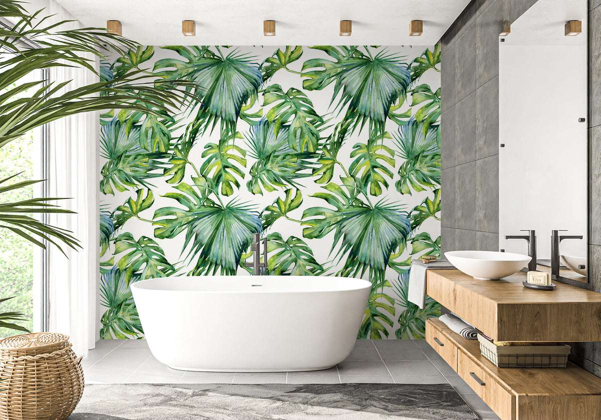 Papel pintado para baño con follaje verde