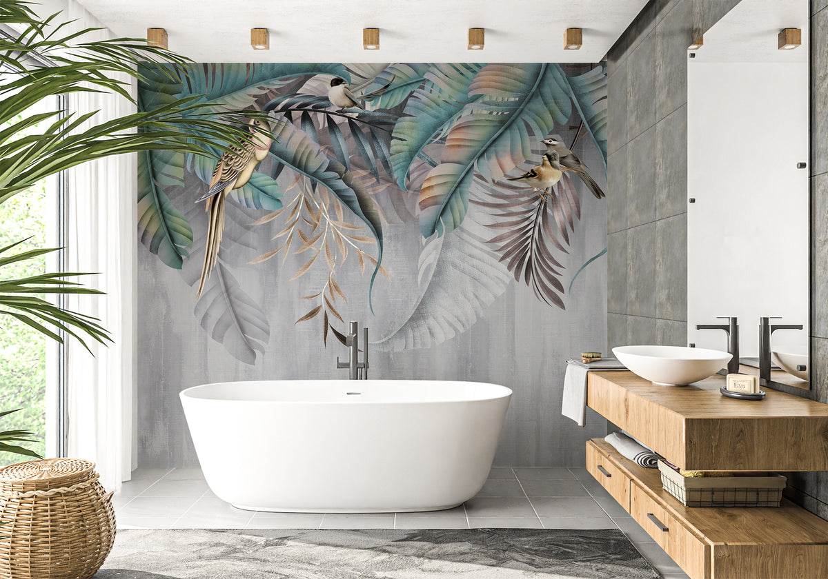 Papel pintado para baño con hojas y pájaros