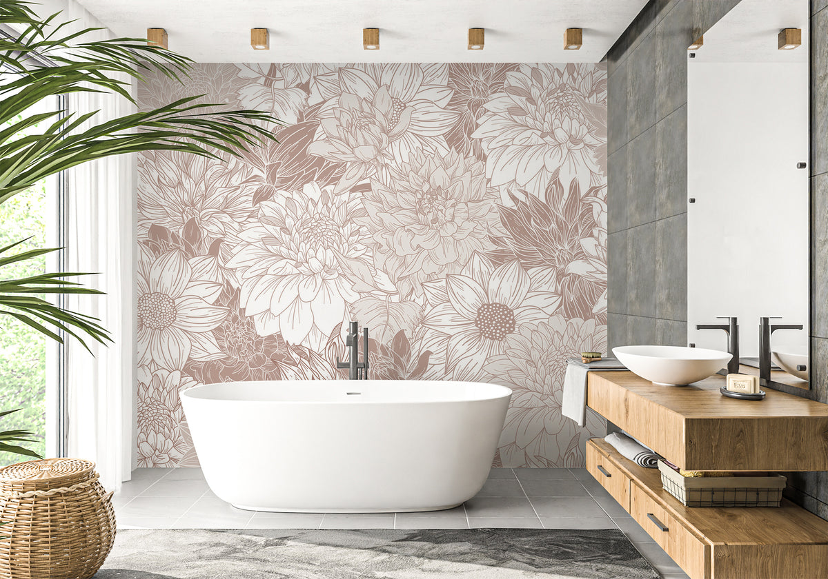 Papel pintado para baño con flores de dalia