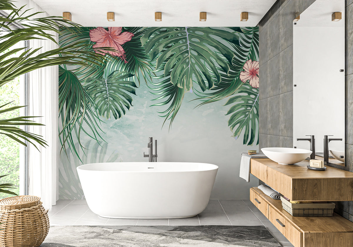 Papel pintado para baño con flores de palmera