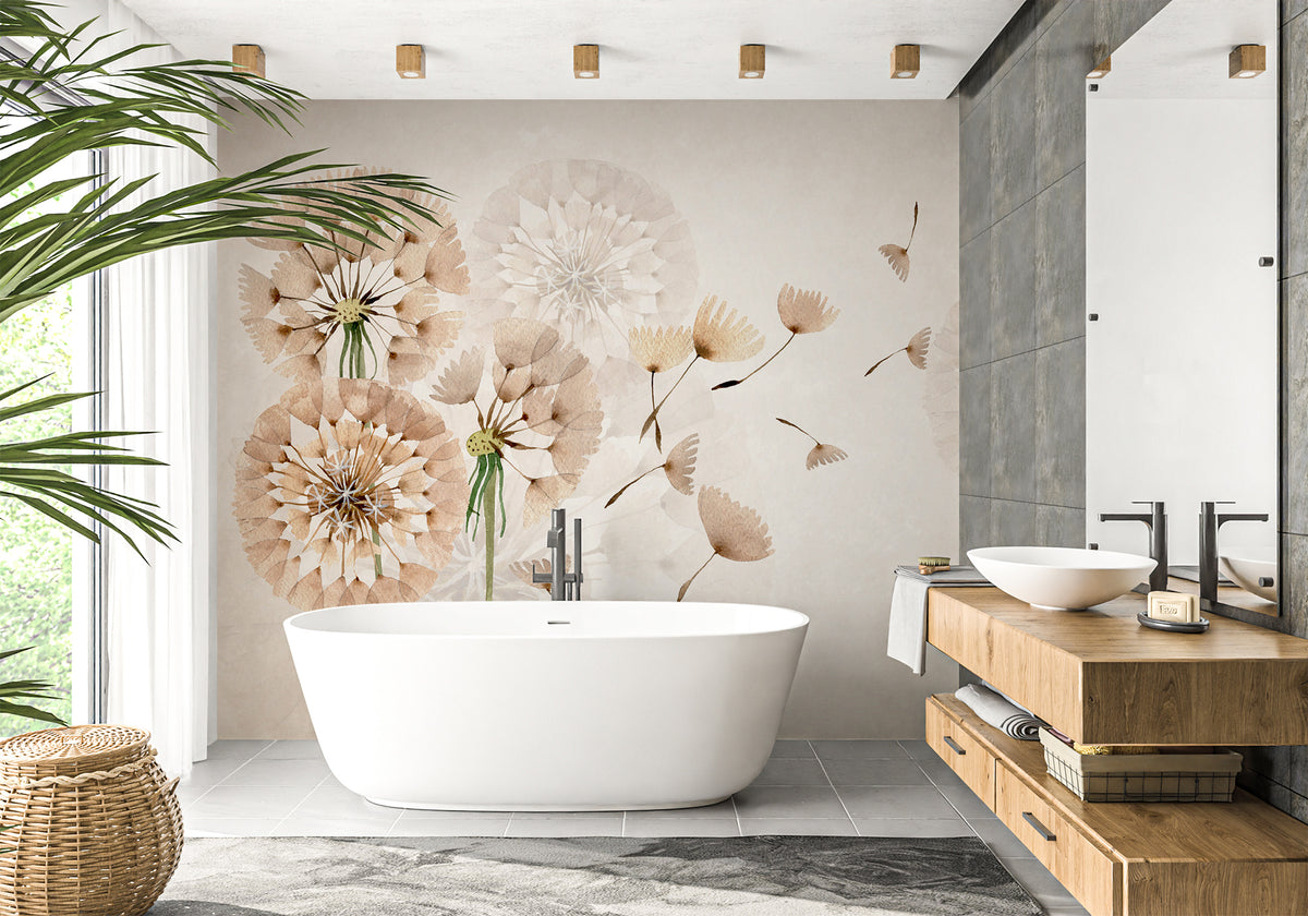 Papel pintado para baño con flores de diente de león