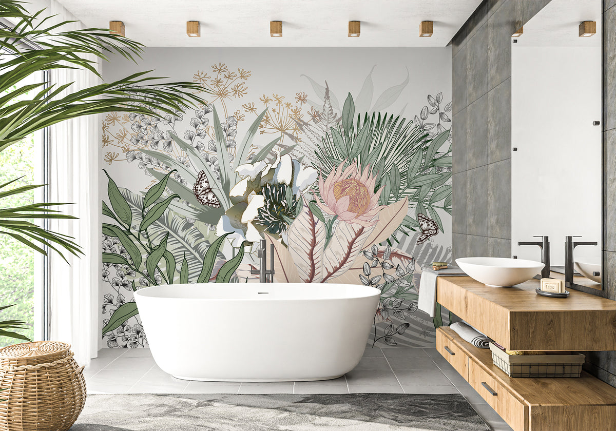 Papel pintado para baño con motivos florales y botánicos