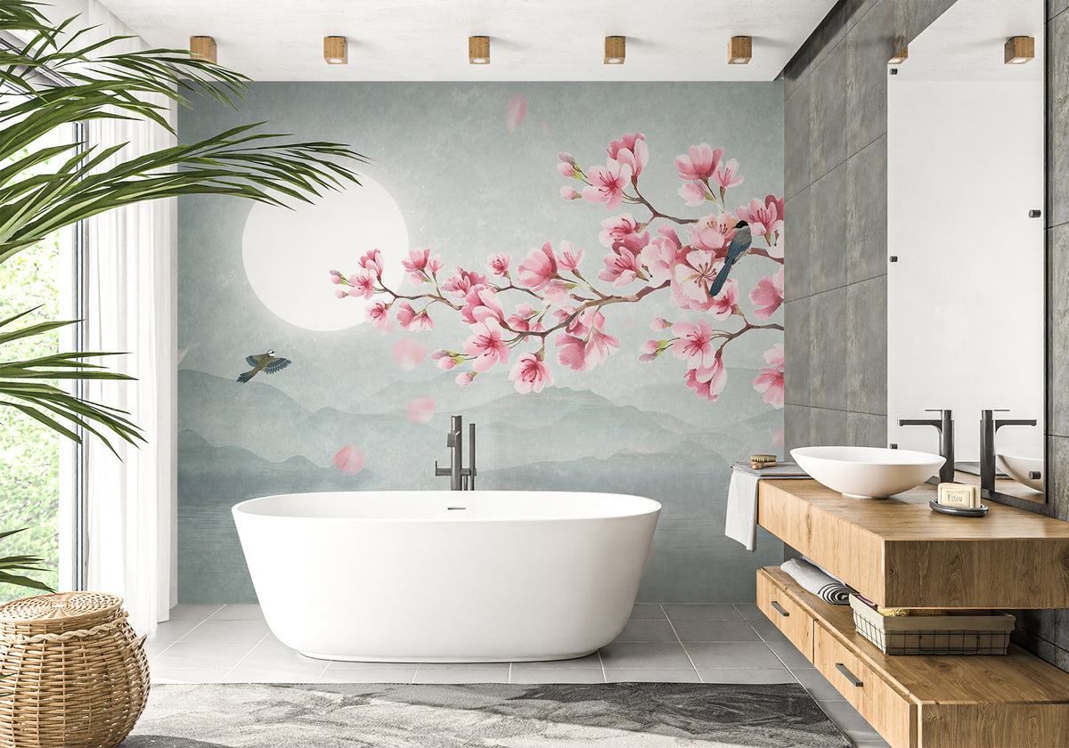 Papel pintado de baño de moda con motivos florales y cerezas poéticas