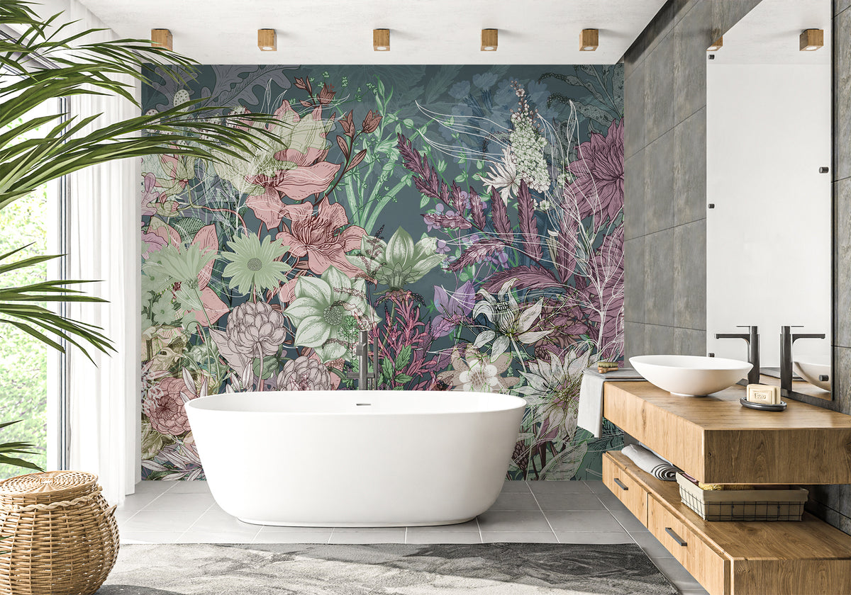 Papel pintado para baño con diseño de flores