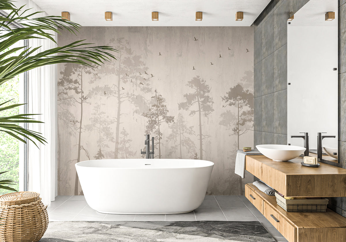 Papel pintado para baño con diseño de bosque otoñal