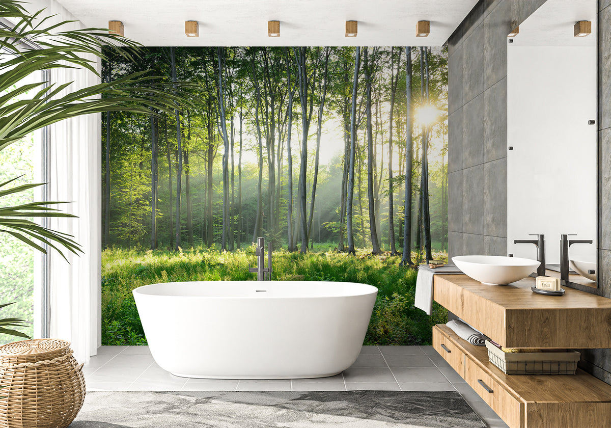 Papel pintado para baño con diseño de bosque de pinos