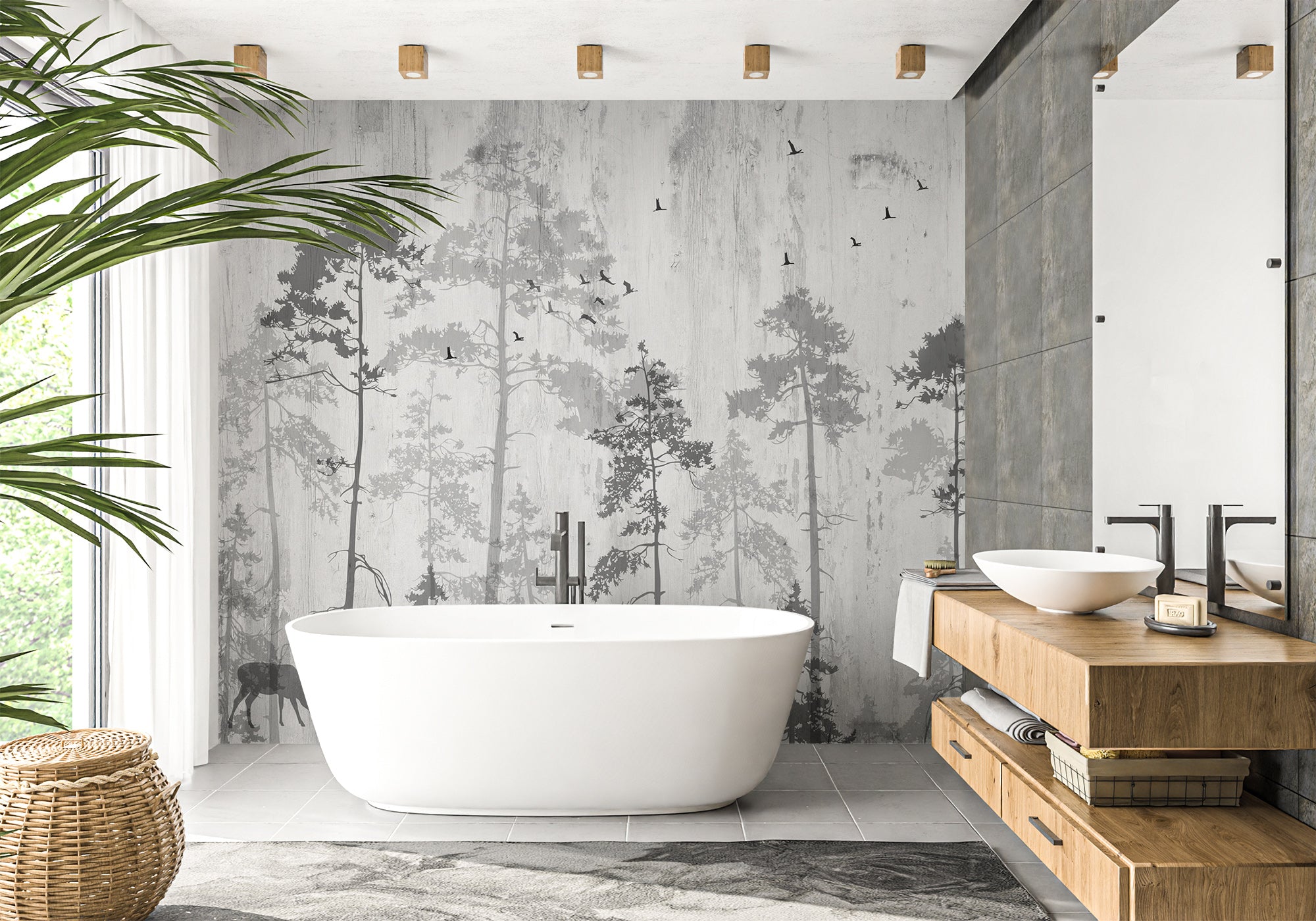Papier peint salle de bain forêt nostalgique, mural concept, tendance