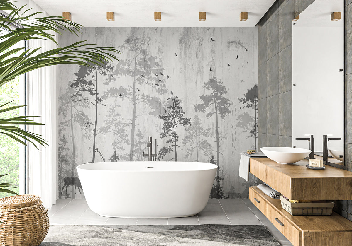 Papel pintado para baño con temática de bosque nostálgico