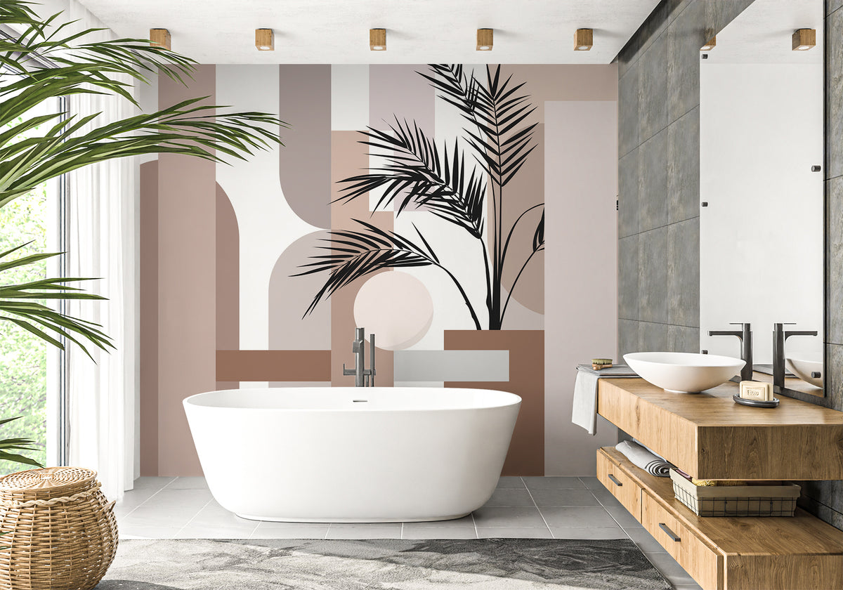 Papel pintado para baño con diseño geométrico de terracota