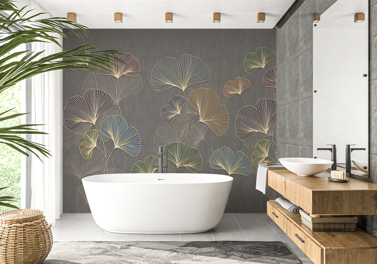 Papel pintado de baño con ginkgo asiático de moda