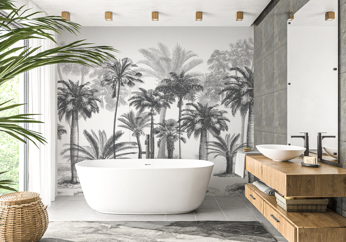 Papel pintado para baño en blanco y negro con motivos de jungla