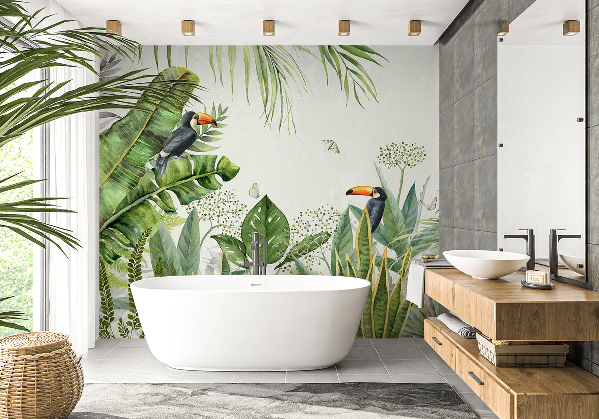 Papel pintado para baño con pájaros exóticos de la jungla