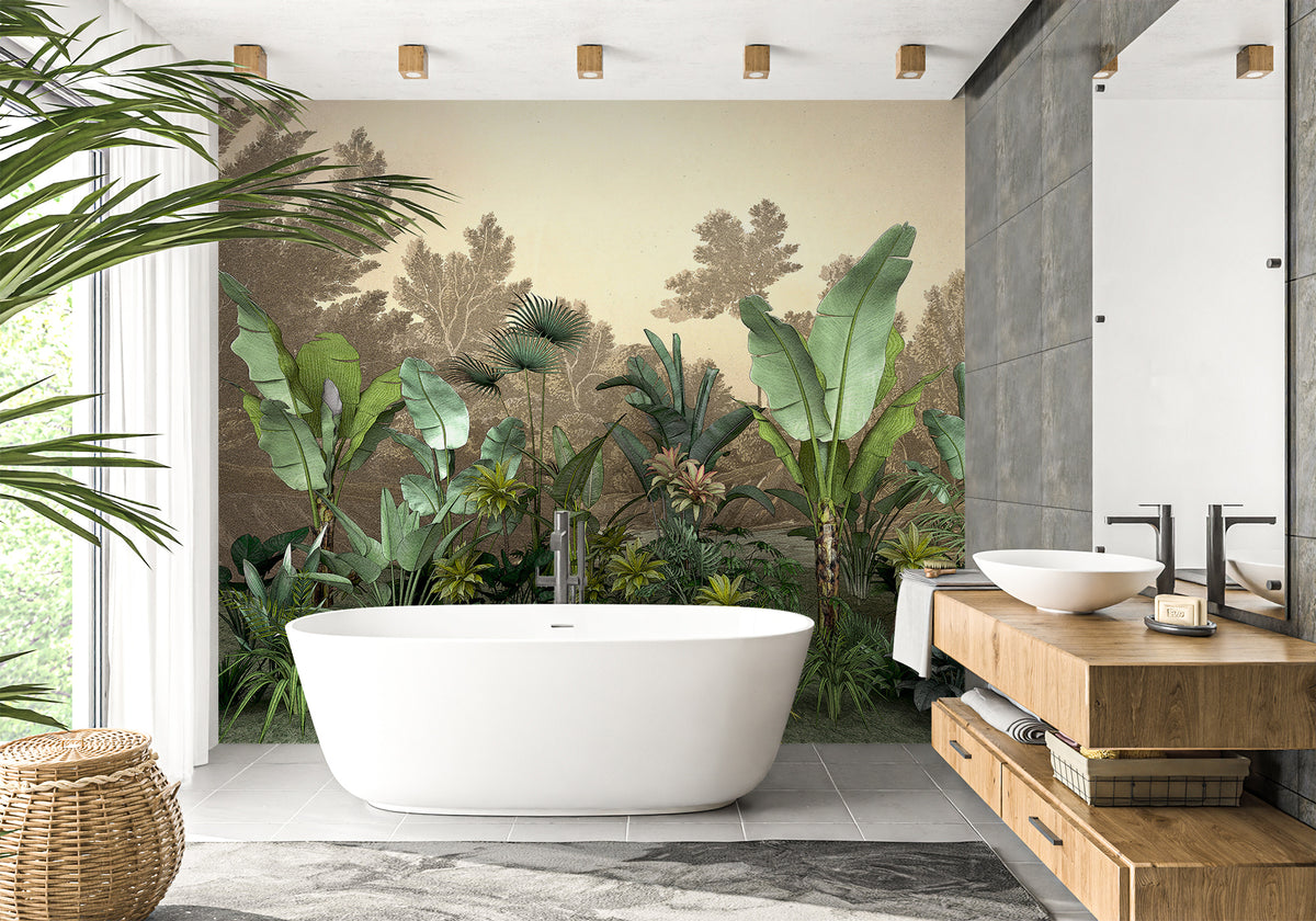 Tendencia de papel tapiz para baño con temática de jungla en Indonesia