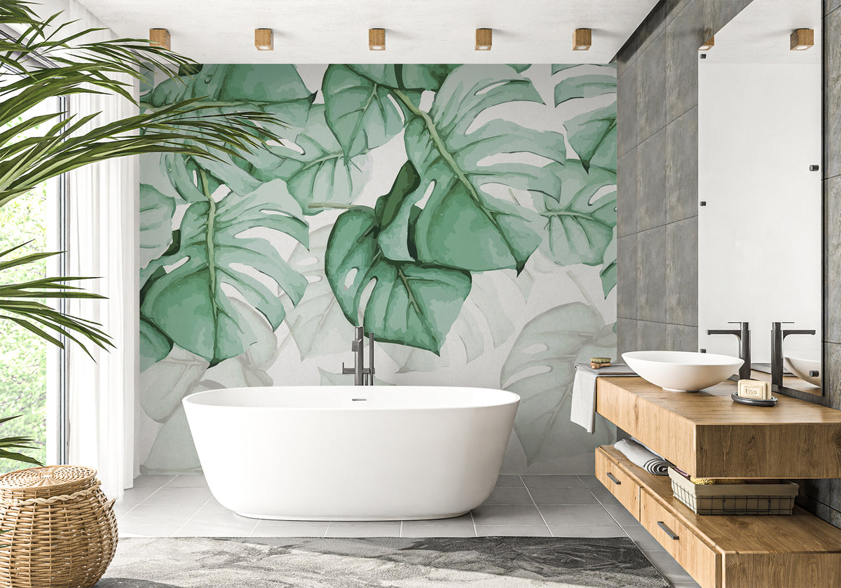 Papel pintado para baño con hojas grandes y motivos escandinavos