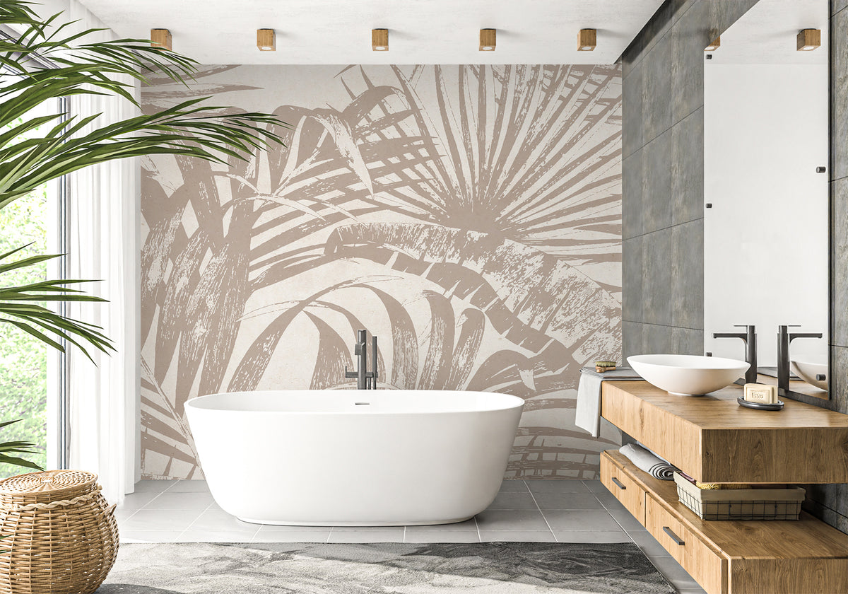 Papel pintado monocromo de hojas de selva para el cuarto de baño