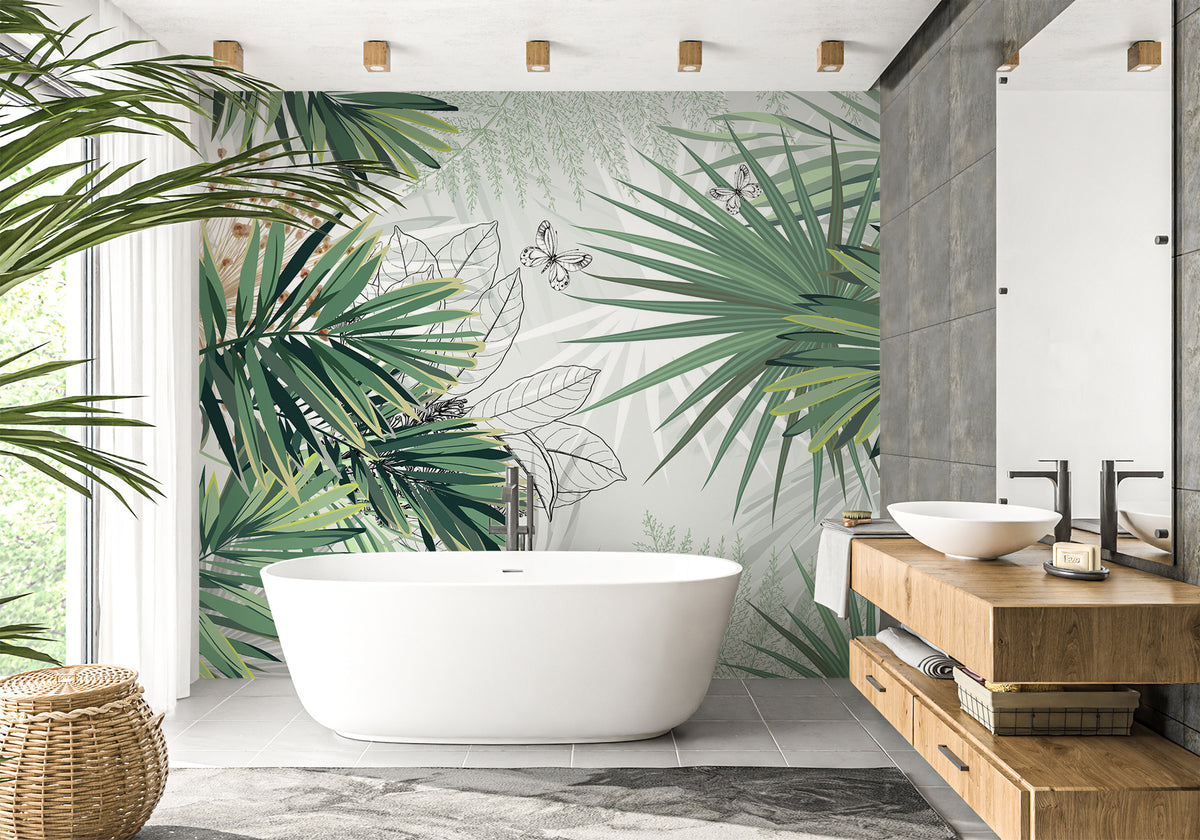 Papel pintado para baño con motivos de naturaleza y palmeras verdes