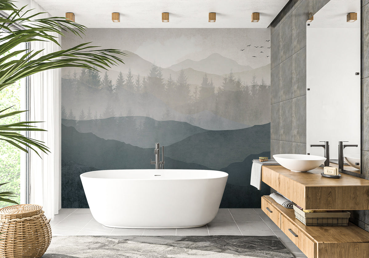 Papel pintado para baño con panorama de naturaleza en blanco y negro