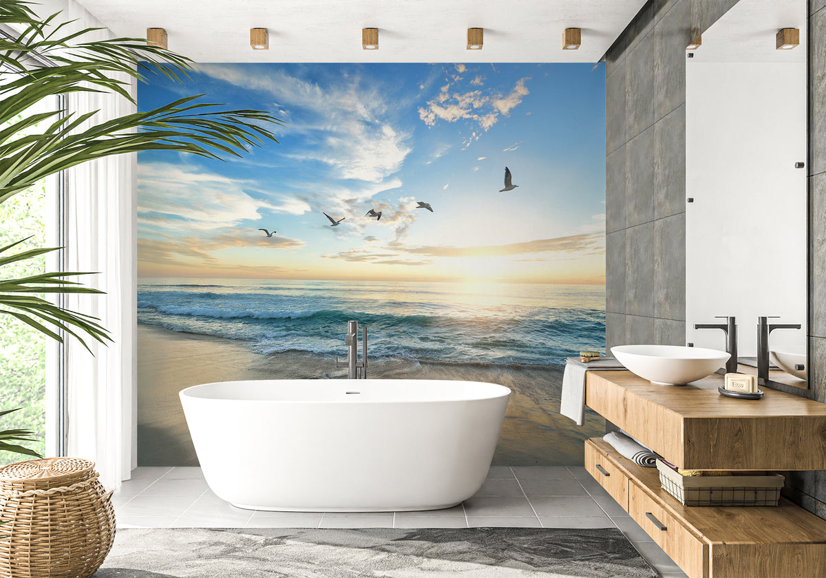 Papel pintado para baño con diseño de playa paradisíaca