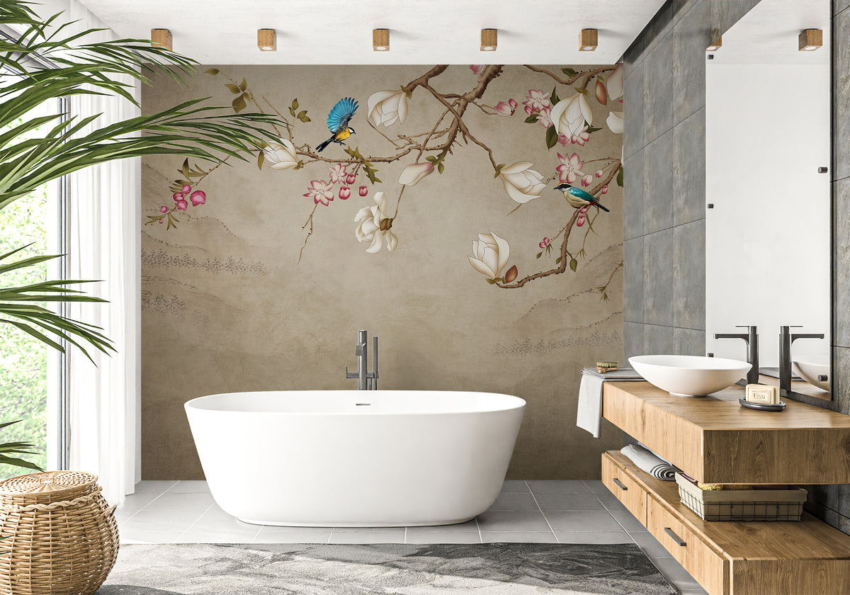 Papel pintado romántico para el baño con pájaros