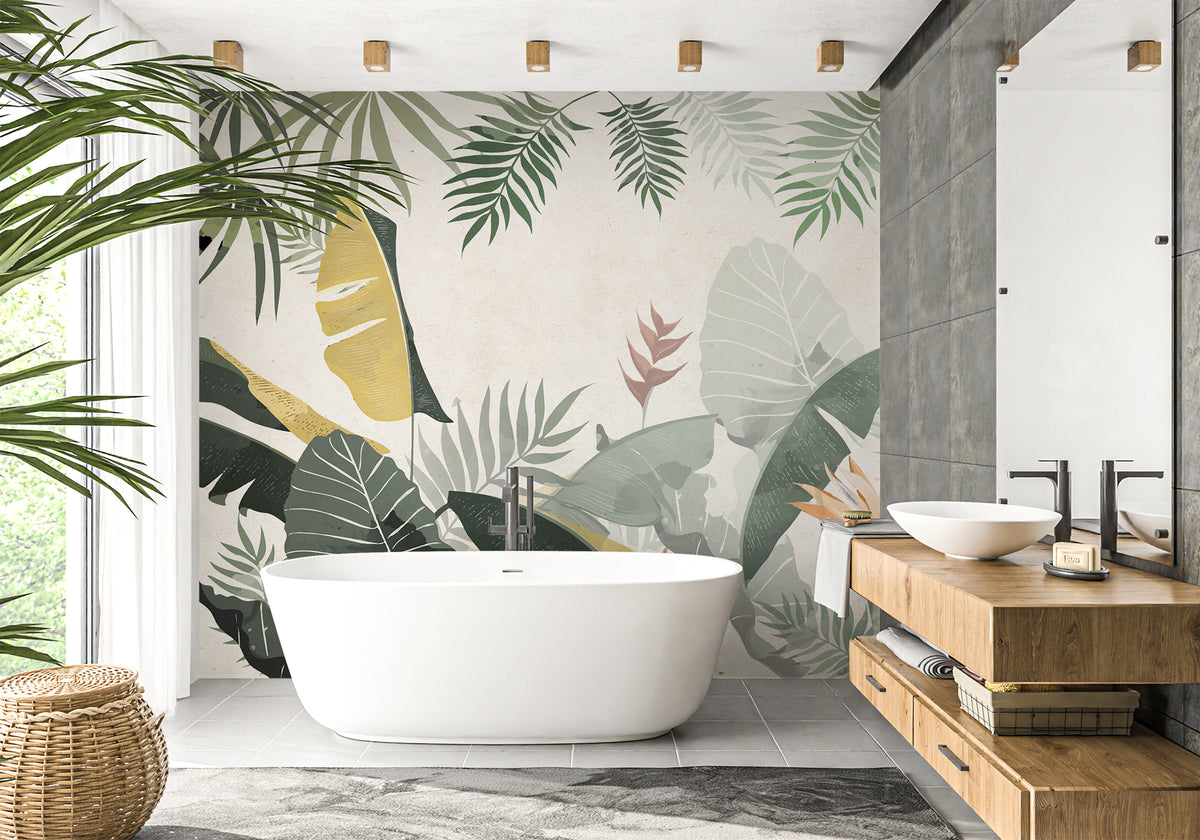 Papel pintado para baño con plantas de color verde y amarillo hecho a medida