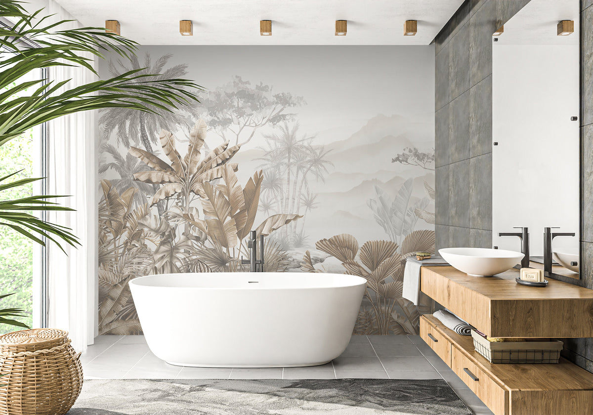 Papel pintado para baño de estilo tropical sepia de moda