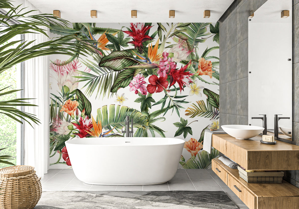 Papel pintado de baño tropical y flores de colores