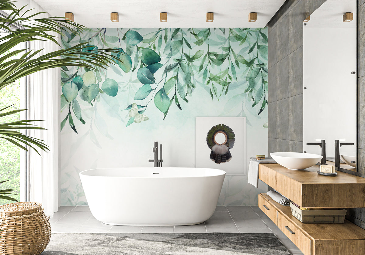 Papel pintado para baño con planta de eucalipto