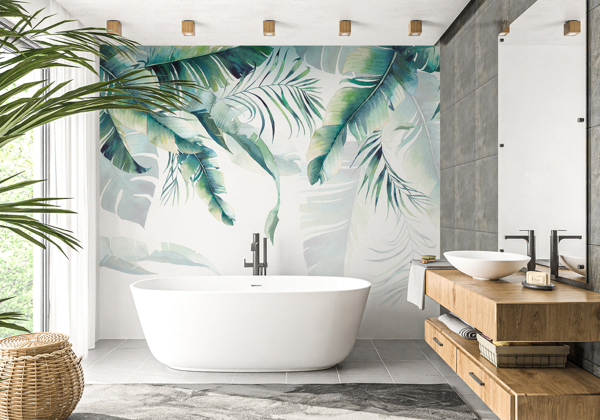 Papel pintado para baño estilo jungla y escandinavo