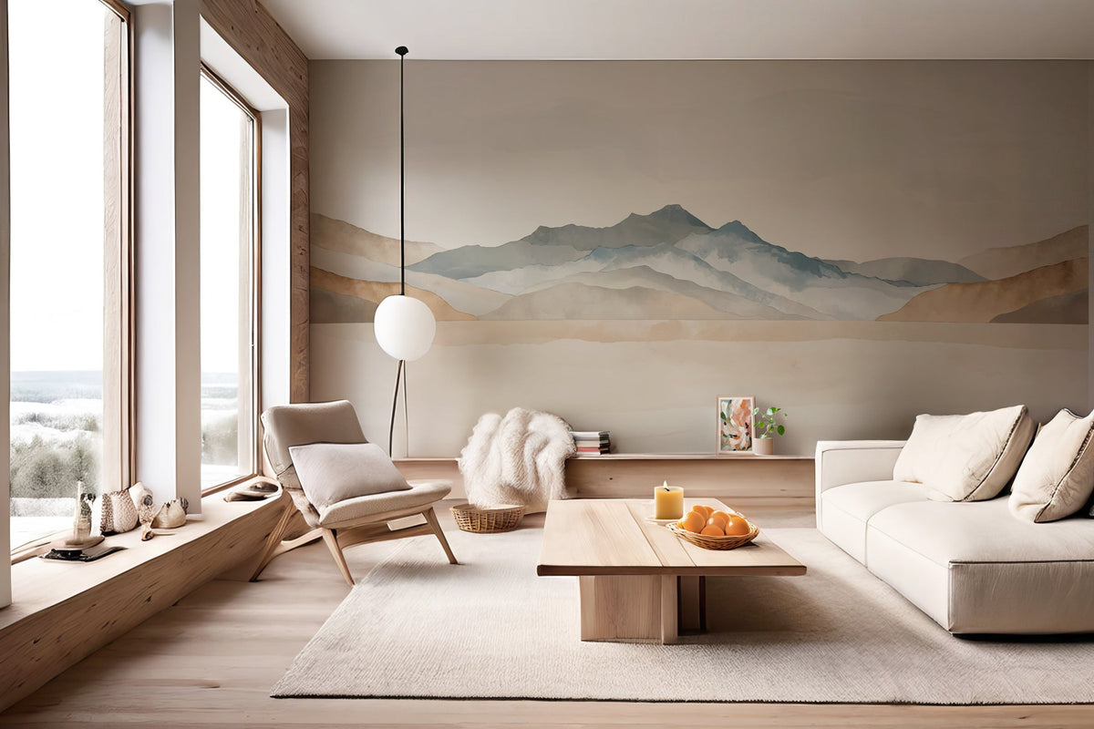 Papel pintado panorámico montaña acuarela pastel – Decoración mural paisaje relajante