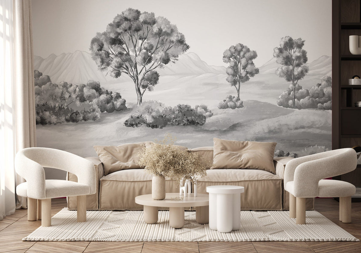 Papel pintado paisaje poético en blanco y negro