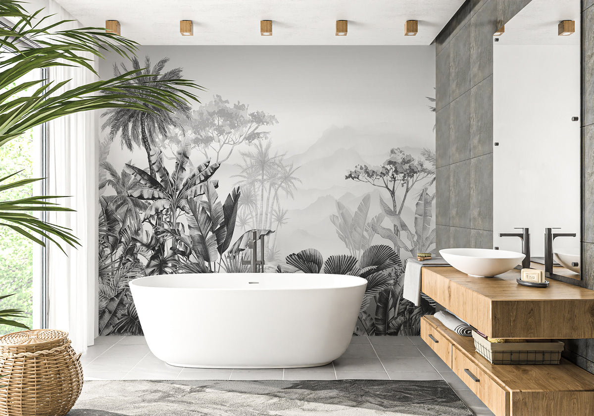 Papel pintado de baño moderno en blanco y negro con motivos tropicales